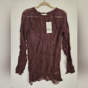 Zara Women's Long Sleeve Shirt Chocolate Brown With Lace Detail Size Small